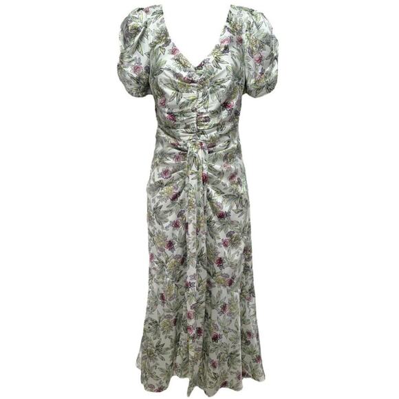 Cinq A Sept Walker Floral Midi Dress 8 Asymmetrical v-neck short sleeves Ivory - Picture 5 of 13